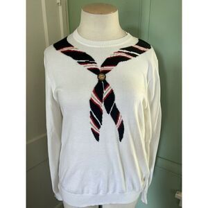 Frankie Morello Milan Womens Large White Navy Scarf Look Pullover Cotton Sweater